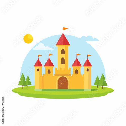 Cartoon Illustration of a Yellow Castle with Red Roofs.