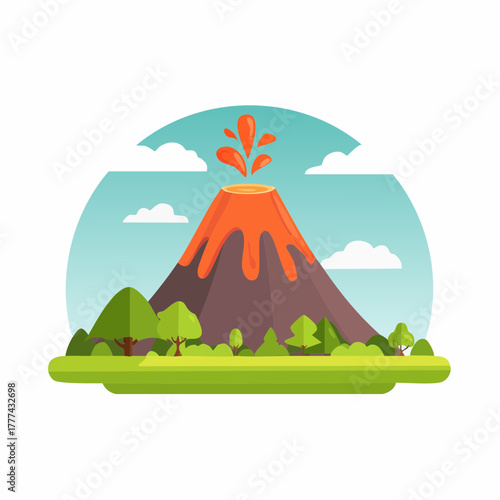 Cartoon Illustration of Active Volcano Erupting with Lava.