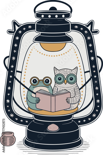Cozy Lantern Storytime with Owl and Frog Reading Vector