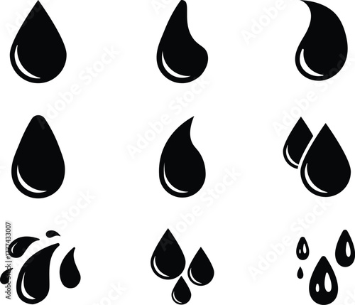 Collection of nine stylized black ink droplet icons representing water oil or other liquid substances in various forms and sizes on a white background