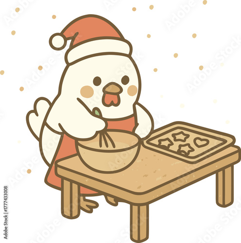 Cute Christmas Chicken Baking Cookies Vector, Kawaii Mascot Illustration