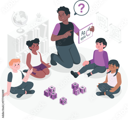 Teacher leading alphabet lesson with children and blocks call illustration