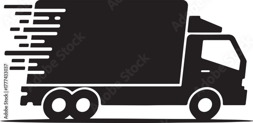 Black silhouette of a delivery truck with motion blur lines indicating speed and fast transportation of goods across white background