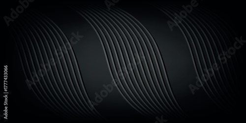 Dark abstract background with dynamic white geometric wavy lines. Modern minimalist horizontal trendy line pattern. Vector illustration.