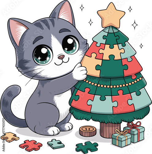 Cute Cat with Puzzle Christmas Tree Vector, Kawaii Illustration
