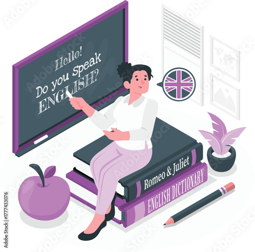 Teacher with chalk at blackboard teaching English language