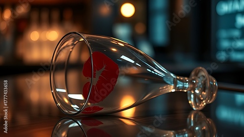 imprudence. An overturned wine glass with lipstick marks on a bar counter in moody lighting. bar promotions, beverage menus, designed for food & beverage menus and cafe branding.