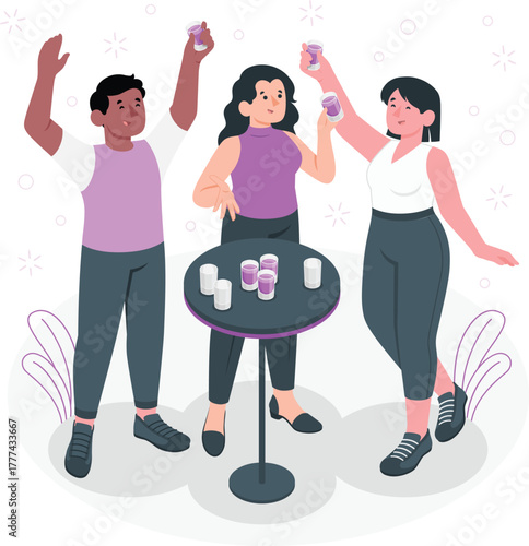 Three friends raising shot glasses for a toast at a party celebration drinking