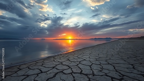 prologue. A receding lake shoreline with exposed cracked dry lakebed under a vast dramatic sunset sky. inspiring travel planning, ESG reports, designed for environmental awareness campaigns.