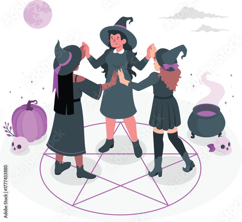 Three Witches Performing a Ritual in a Pentagram Circle illustration