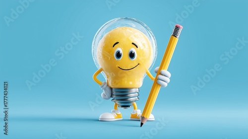 Cartoon lightbulb character holding a pencil, symbol of creativity and ideas