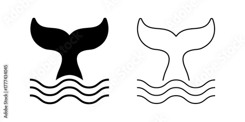 Whale or mermaid tail icons. Black and white cetacean animal fin silhouettes. Dolphin, orca, beluga or another marine mammal symbol. Maritime theme emblem. Vector graphic illustration