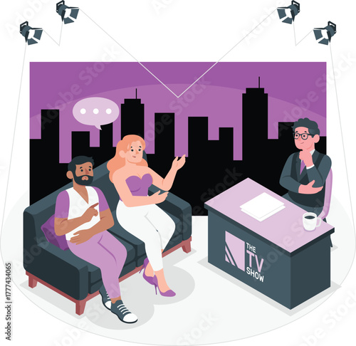 TV show interview with guests on a couch and host at a desk tv show talk show