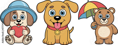 Cute cartoon animals collection, happy puppy and teddy bear with colorful umbrella and heart, adorable vector illustration for children design