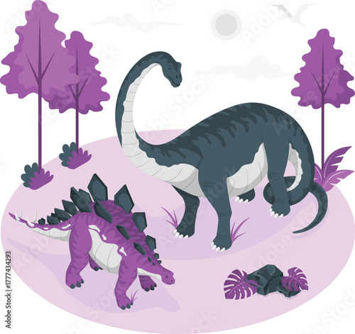 Two cartoon dinosaurs purple stegosaurus and grey sauropod in a purple landscape vector