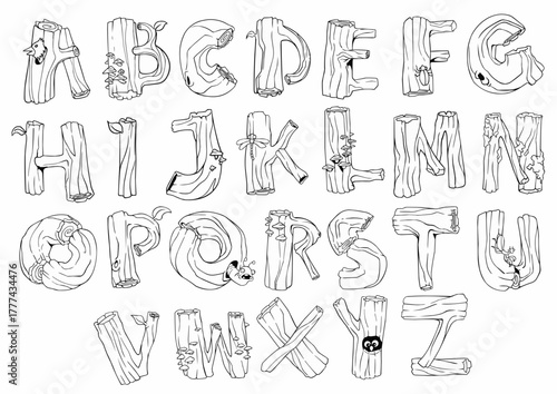Woodland Log Alphabet Font Vector Illustration