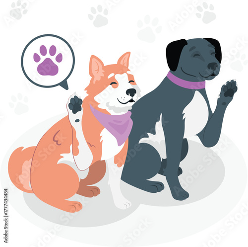 Two dogs waving paws with paw print bubble pets animals
