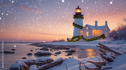 Serene snowy shoreline with a classic bright white lighthouse wrapped in vibrant green garlands and warm golden lights, soft delicate snowflakes falling gently from the sky at a peaceful sunset glow 