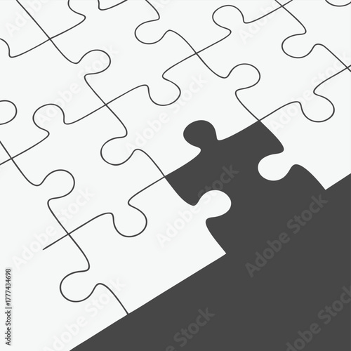 A close-up photograph of a white jigsaw puzzle with one missing piece revealing a dark background beneath. The puzzle pieces are interlocked, showing smooth edges and curved connectors.