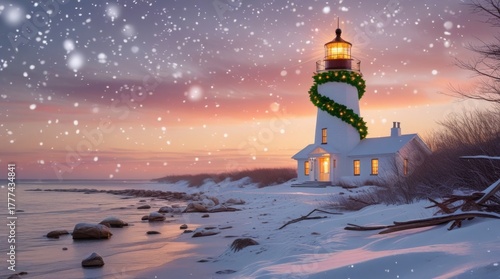 Serene snowy shoreline with a classic bright white lighthouse wrapped in vibrant green garlands and warm golden lights, soft delicate snowflakes falling gently from the sky at a peaceful sunset glow 