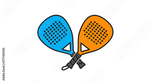Two crossed paddle tennis rackets, one blue and one orange, on a white background.