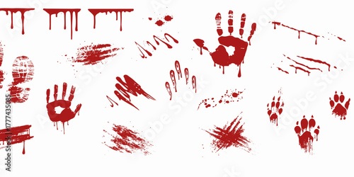 Horror bloody hand print vector illustration with red ink splash design and grunge pattern