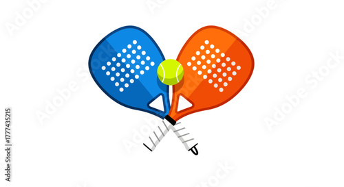 Two padel rackets crossed with a ball in the middle, blue and orange.