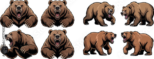 Aggressive Brown Grizzly Bear Mascot Vector Set - Detailed Cartoon Illustration for Sport Teams