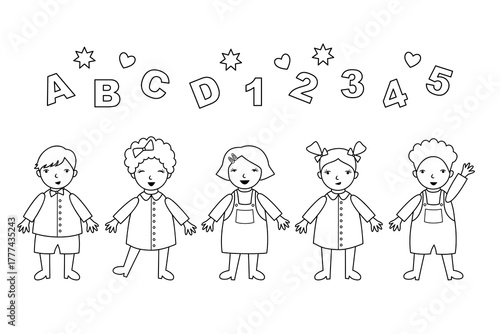 Children in a row with alphabets and numbers, line art illustration for coloring.
