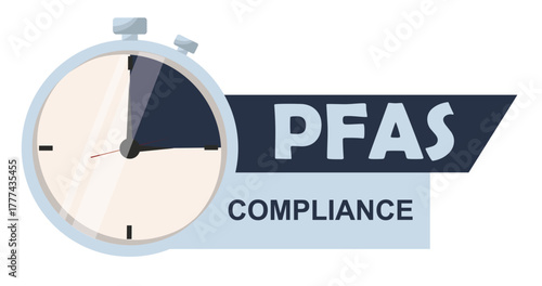 PFAS Compliance urgency Stopwatch isolated. Time-sensitive regulatory adaptation for chemical safety. PFAS concept. PFAS regulatory. Countdown before PFAS compliance. Flat style. Vector illustration