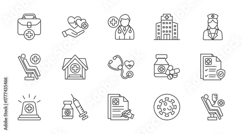 Medical thin line icon set. Containing healthcare, doctor, hospital, nurse, patient, clinic, stethoscope, medicine, health insurance, emergency. Vector illustration