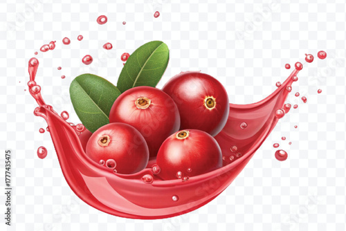 realistic cranberry  fruits with red liquid juice splash in different style isolated on transparent background