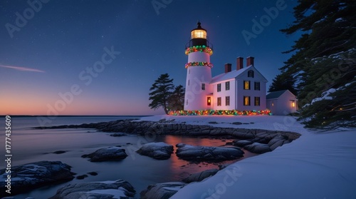 : Snowy Maine lighthouse stands tall with a warm glow, adorned with vibrant colorful holiday lights and lush green garlands, against a serene backdrop of a calm sea, reflecting the soft luminescence o