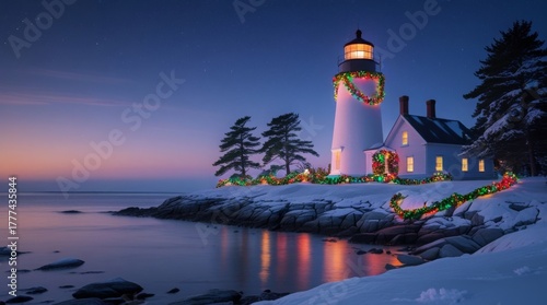 : Snowy Maine lighthouse stands tall with a warm glow, adorned with vibrant colorful holiday lights and lush green garlands, against a serene backdrop of a calm sea, reflecting the soft luminescence o