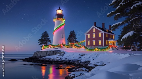 : Snowy Maine lighthouse stands tall with a warm glow, adorned with vibrant colorful holiday lights and lush green garlands, against a serene backdrop of a calm sea, reflecting the soft luminescence o