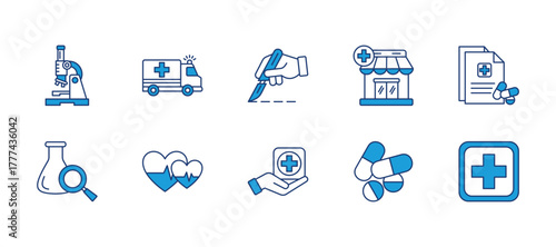 Medical thin blue icon set. Containing microscope, ambulance, surgery, pharmacy, prescription, lab, cardiogram, treatment, pills. Vector illustration
