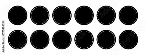 Set of circle shapes with dashed border lines. Dotted geometric round figures isolated on white background. Cut here pictograms for sale coupons or price tags. Vector graphic illustration