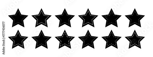 Set of black star shapes with dashed border lines. Dotted geometric starry figures isolated on white background. Cut here pictograms. Vector graphic illustration