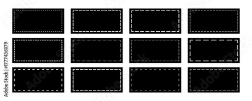 Set of black rectangle shapes with dashed lines. Dotted geometric figures isolated on white background. Cut here pictograms for paper sale coupons or price tags. Vector graphic illustration