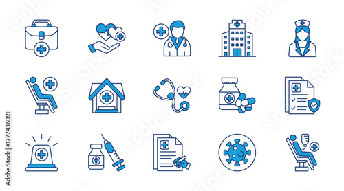 Medical thin blue icon set. Containing healthcare, doctor, hospital, nurse, patient, clinic, stethoscope, medicine, health insurance, emergency. Vector illustration