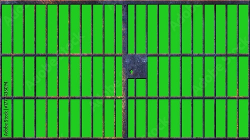 An old, rusty, prison gate opens and closes in a chromakey background. 4K