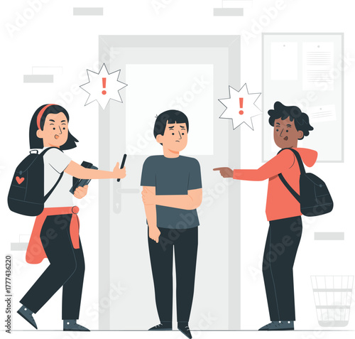 Bullying Scene with Three Students and Exclamation Marks school children