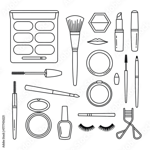 Collection of hand drawn makeup items and cosmetics illustration