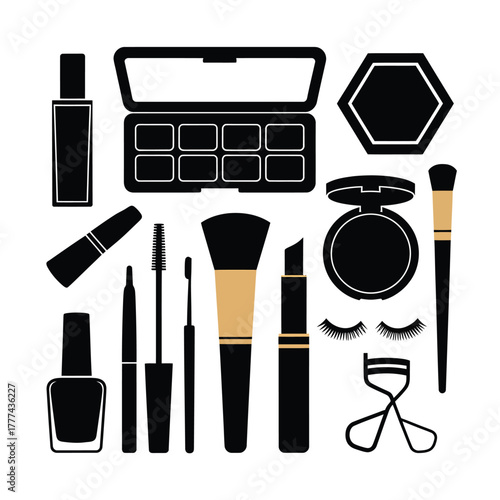 Collection of black makeup and beauty products silhouette icons