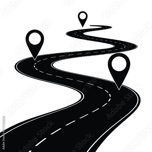 Winding road with navigation pins illustrating a journey