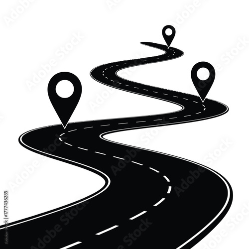 Winding road with navigation pins showing a journey or route