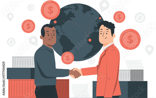 Business partners shaking hands with globe and shipping containers partnership handshake