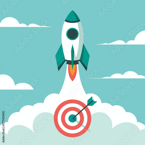 An imaginative illustration featuring a stylized rocket soaring towards a bullseye target, signifying ambition and the pursuit of dreams amidst a serene sky with clouds.