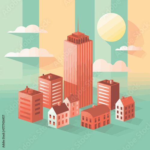A vibrant stylized cityscape featuring a tall building surrounded by smaller structures, with stripes in the background and a glowing sun, creating an eye-catching urban scene.