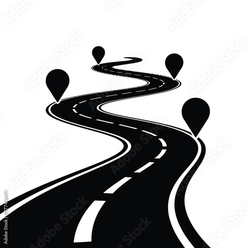 Winding road with navigation pins representing journey and destination